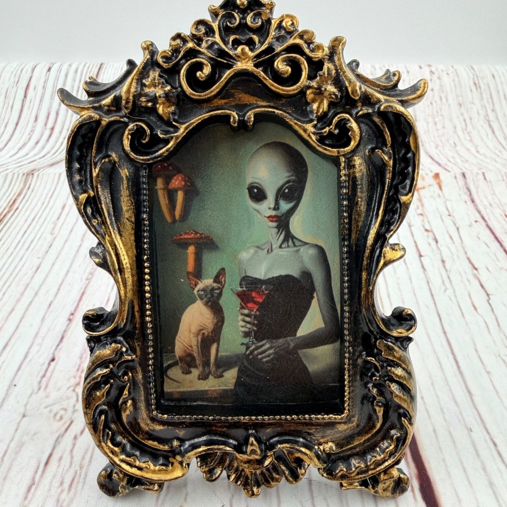 Handmade Gray Alien Woman & Cat Decoupage Art Print in Ornate Gold Resin Frame
